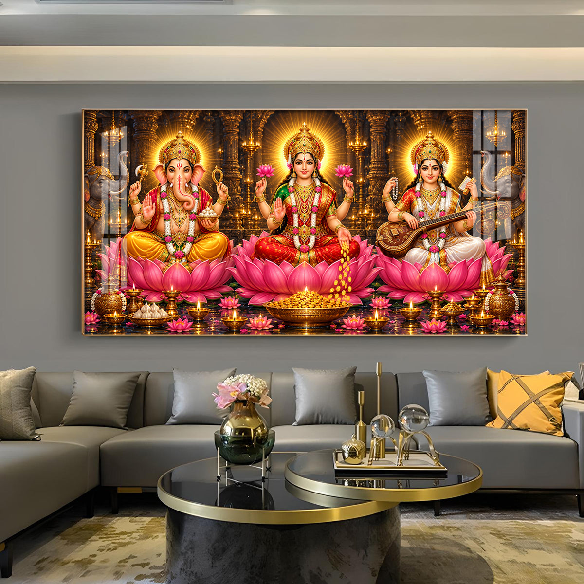 Goddess Maa Laxmi, Maa Saraswati & Ganesh Ji Glass Finish Horizontal Wall Art