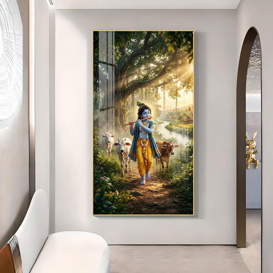 Lord Krishna Ji Glass Finish Vertical Wall Art