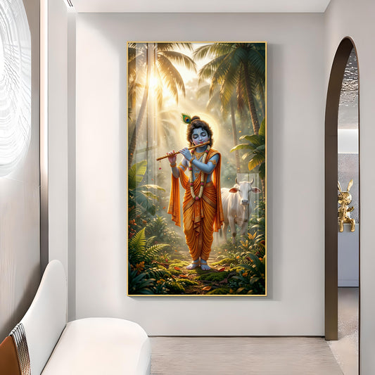 Lord Krishna Ji Playing Flute Glass Finish Vertical Wall Art