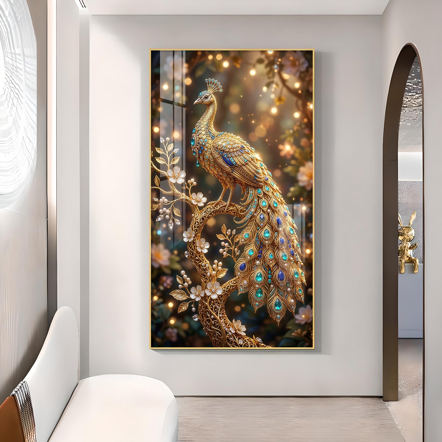 Elegant Peacock Fantasy Glass Finish Vertical Wall Art