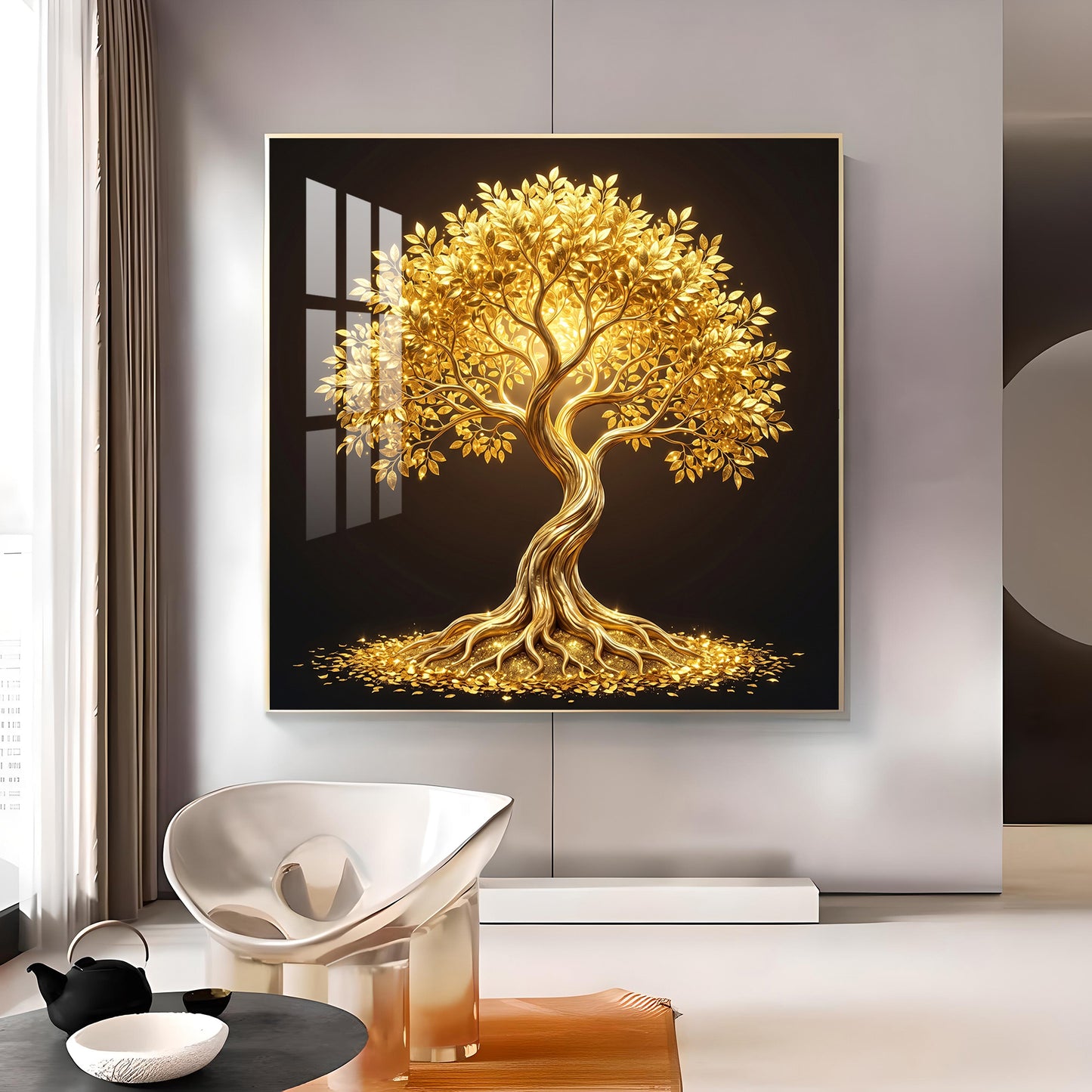 Golden Kalpavriksha Glass Finish Square Wall Art