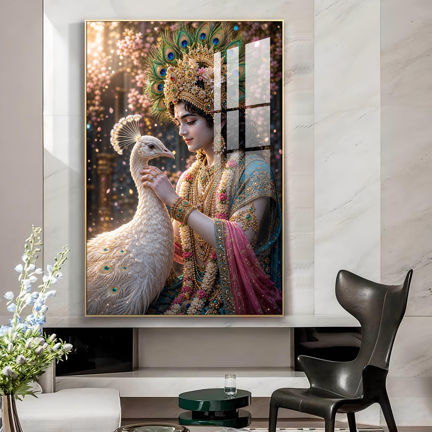 Shree Krishna With Peacock Glass Finish Vertical Wall Art