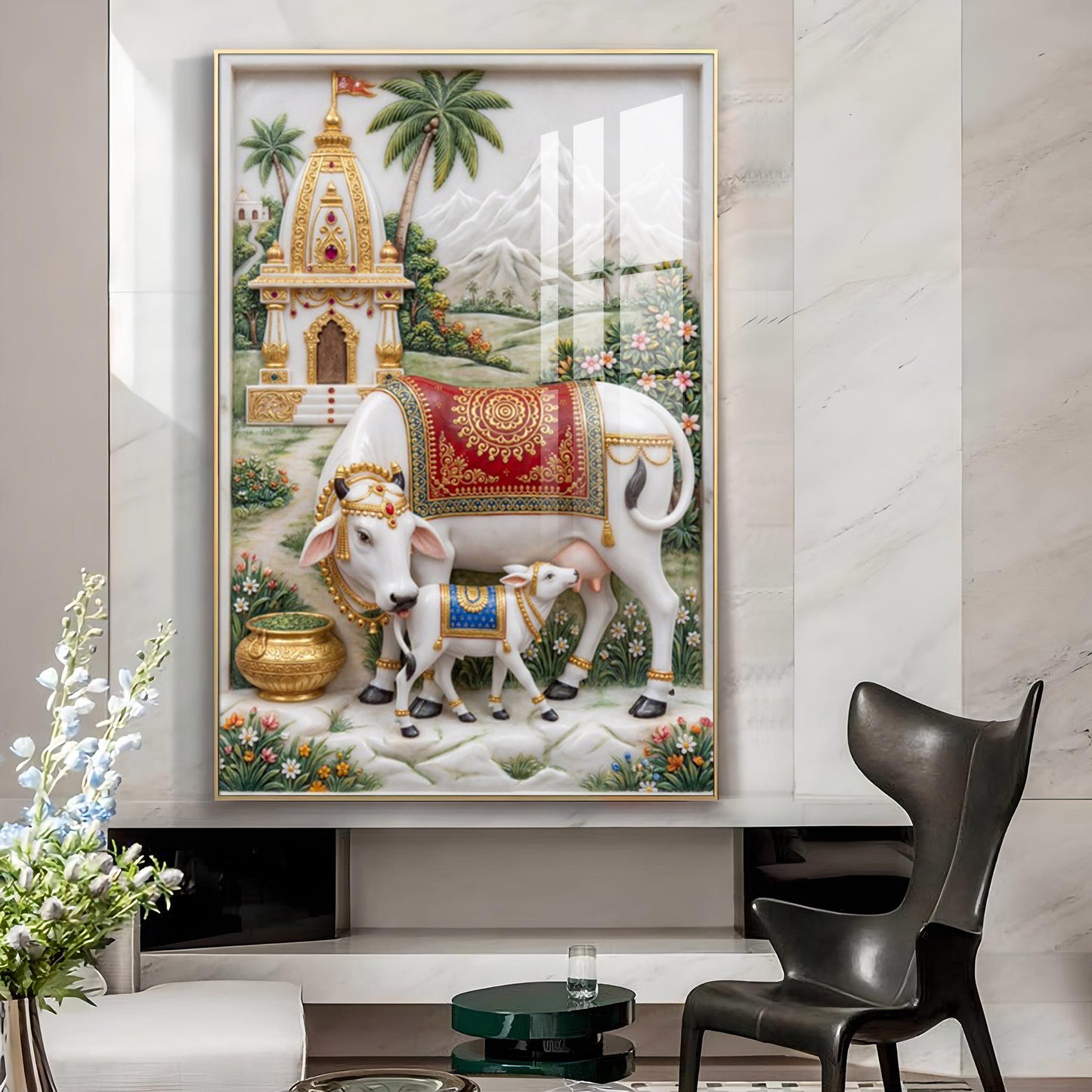 Kamdhenu Cow and Calf Glass Finish Vertical Wall Art