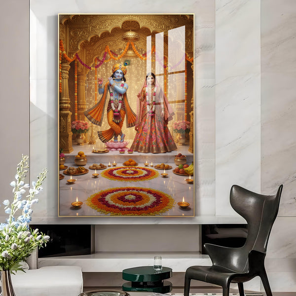 Spiritual Serenity Radha Love Krishna Glass Finish Vertical Wall Art
