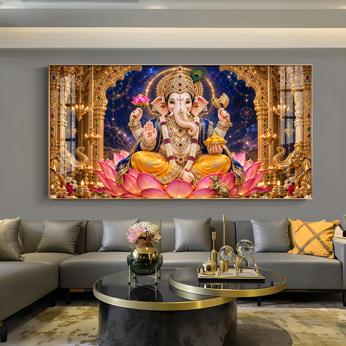 Lord Ganesha on Cosmic Lotus Glass Finish Horizontal Wall Art