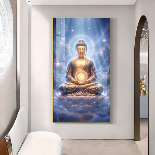 Meditating Lord Buddha Glass Finish Vertical Wall Art