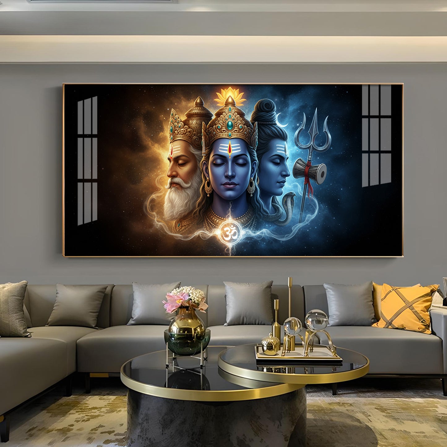 Trimurti Brahma, Vishnu, & Shiva Glass Finish Horizontal Wall Art
