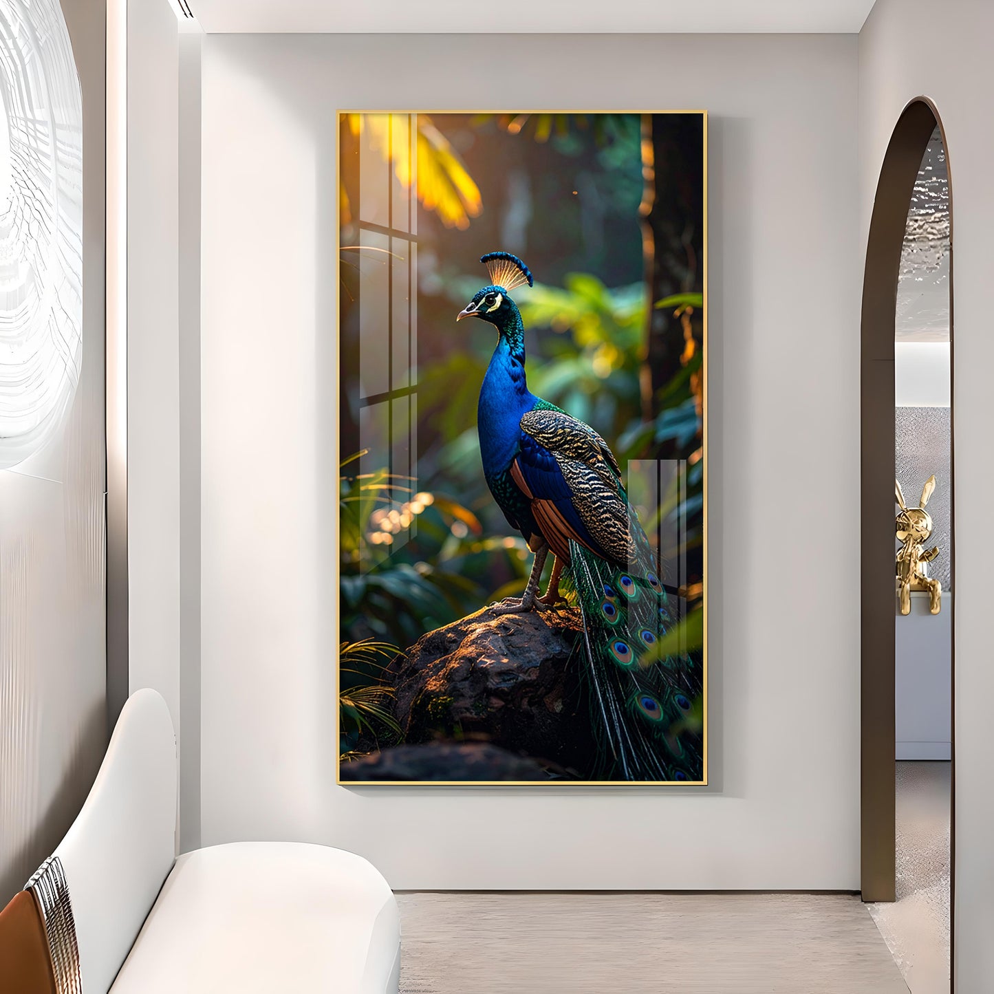 Peacock Perch Glass Finish Vertical Wall Art