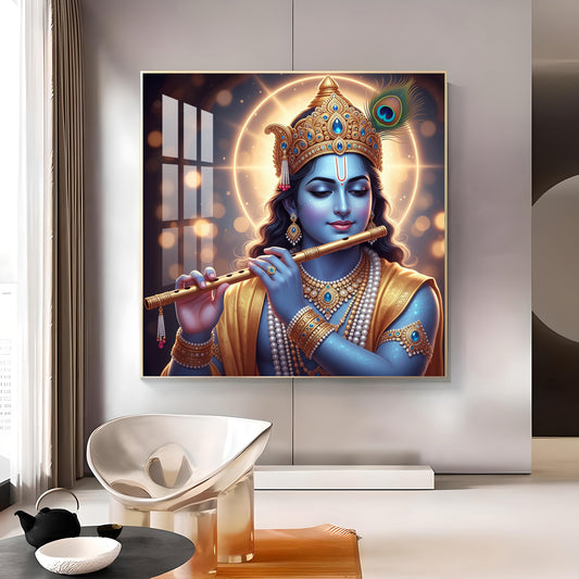 Spiritual Krishna With Flute Glass Finish Square Wall Art