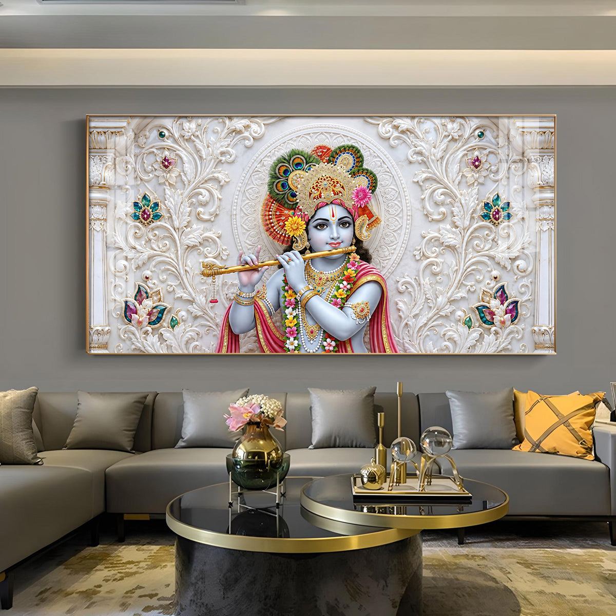 Lord Krishna with Flute Glass Finish Horizontal Wall Art