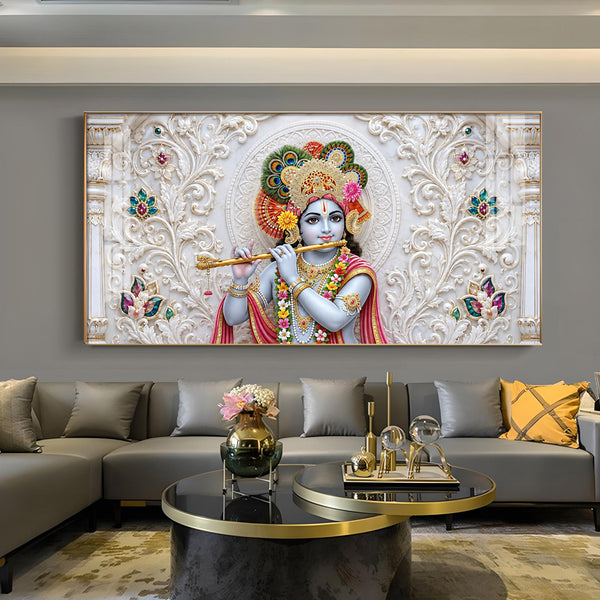 Lord Krishna with Flute Glass Finish Horizontal Wall Art