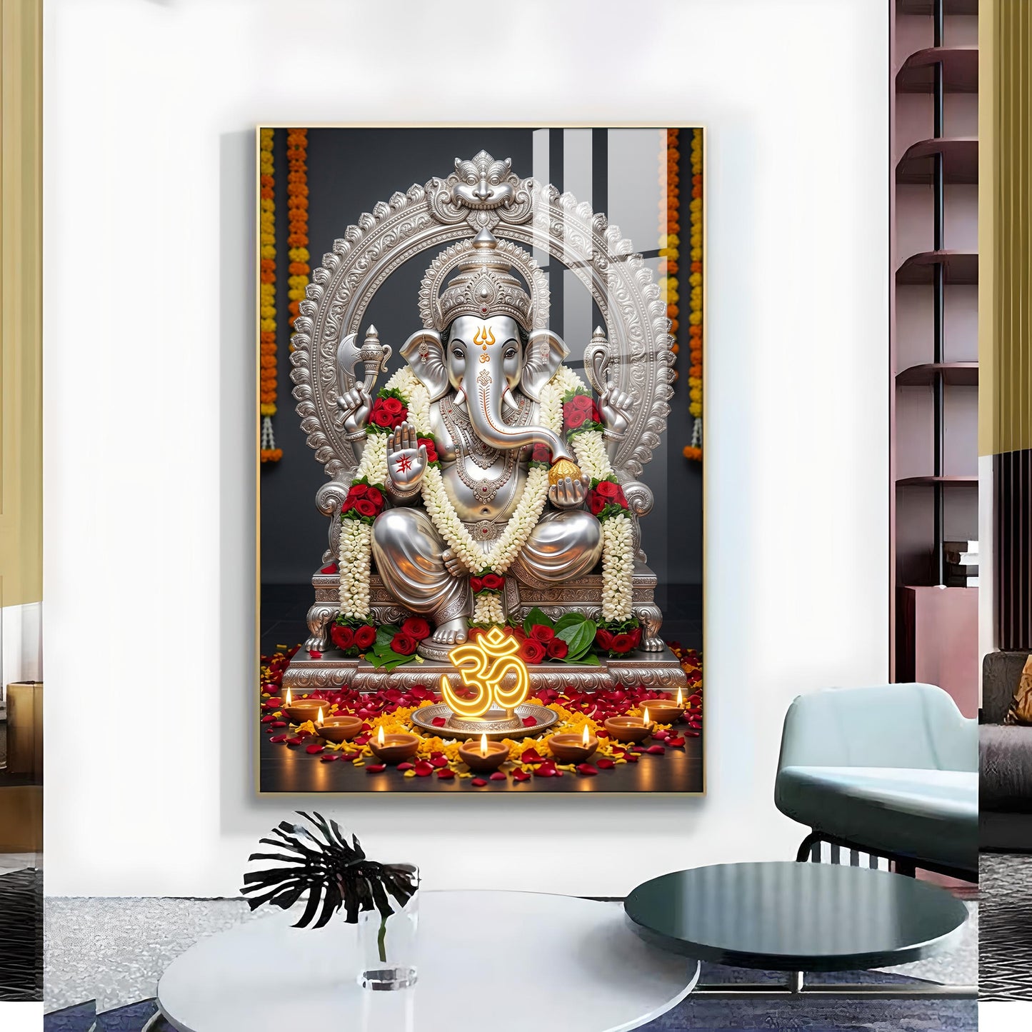 Hindu Deity Lord Ganesha Glass Finish Vertical Wall Art