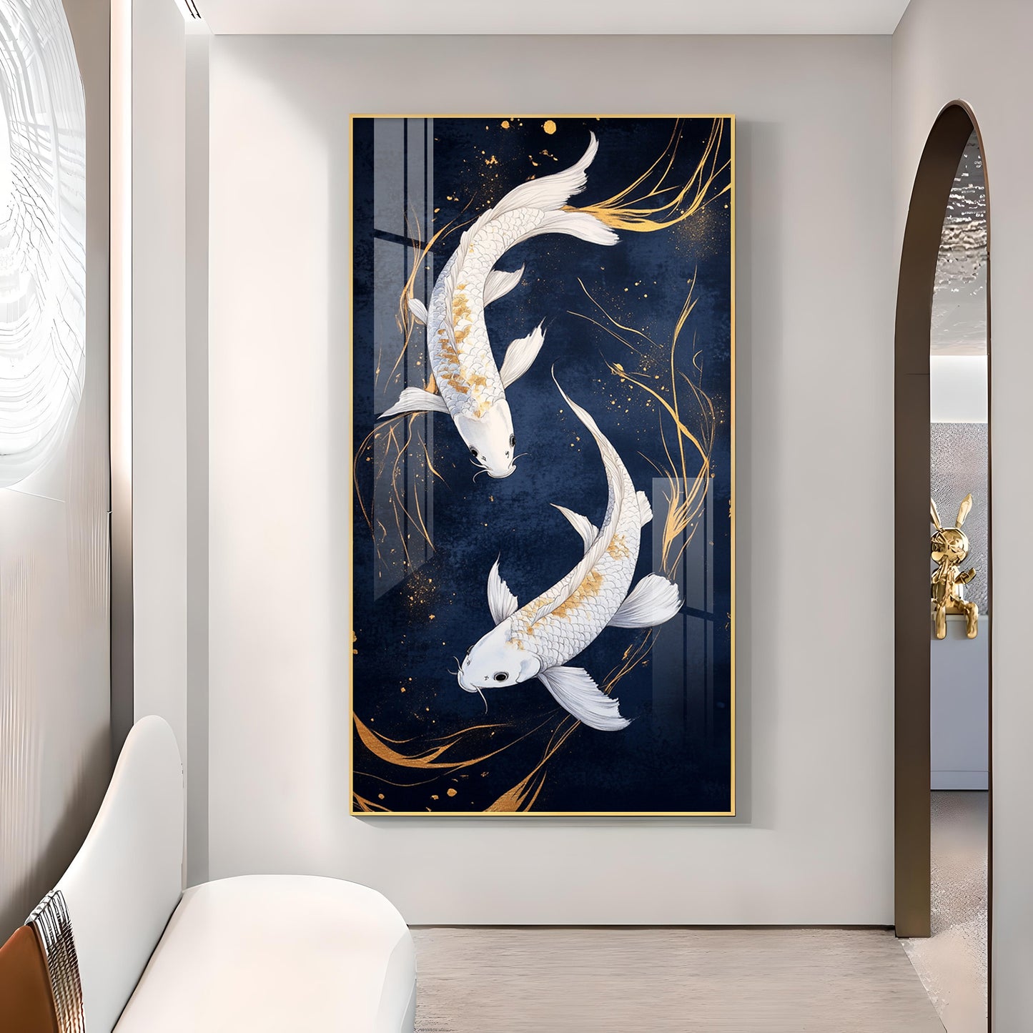 Pair Of White Fish Glass Finish Vertical Wall Art