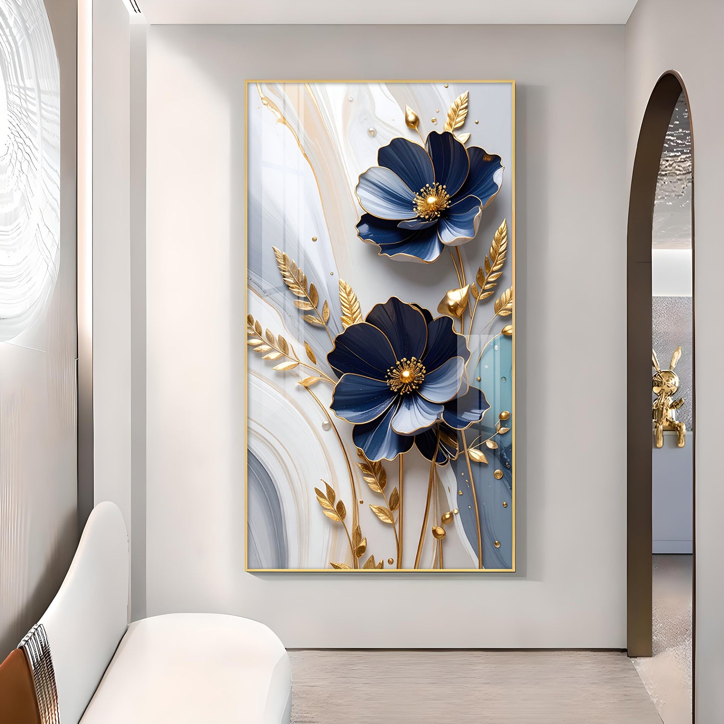 Blue Petal Luxe Flower Glass Finish Vertical Wall Art
