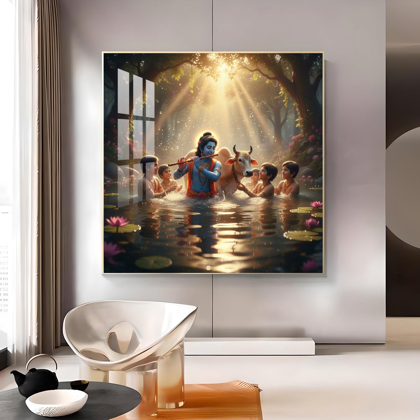 Little Krishna With Sakha Glass Finish Square Wall Art