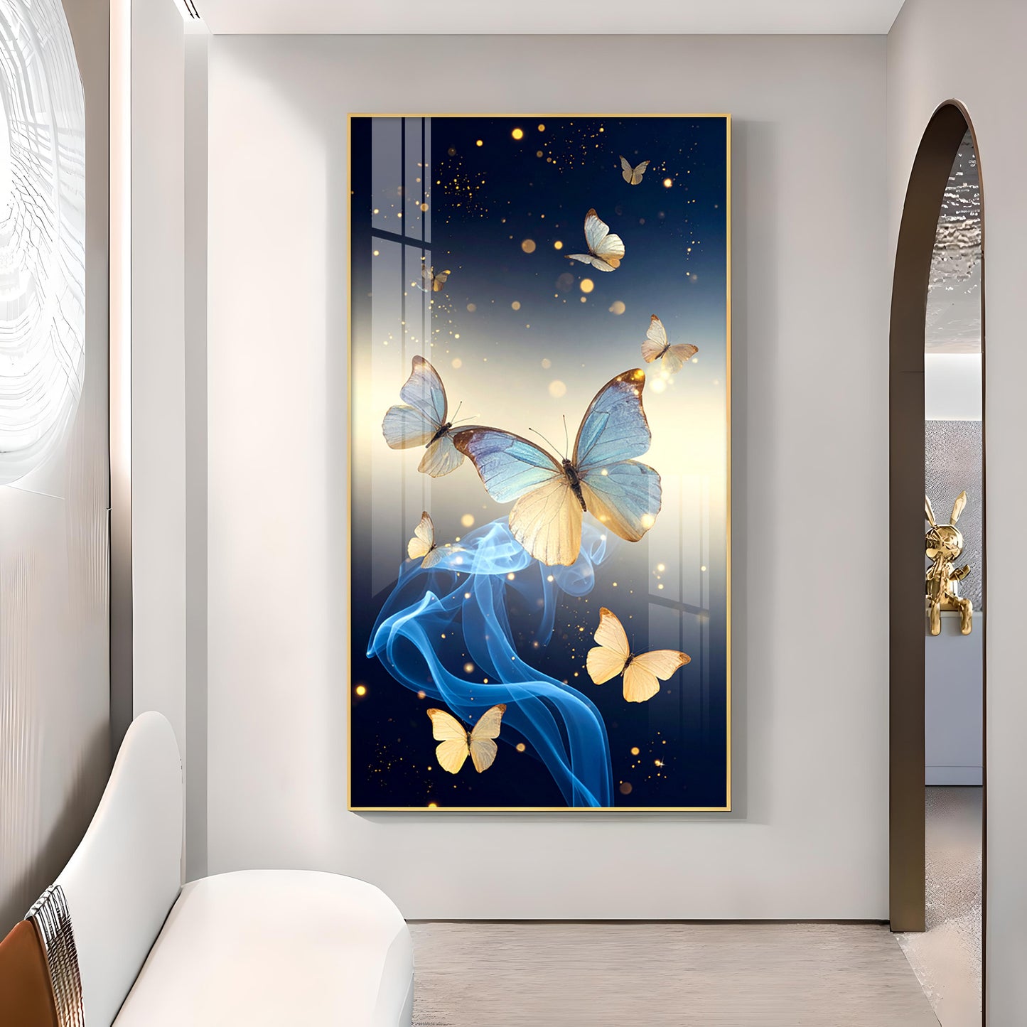 Azure Butterfly Dance Glass Finish Vertical Wall Art