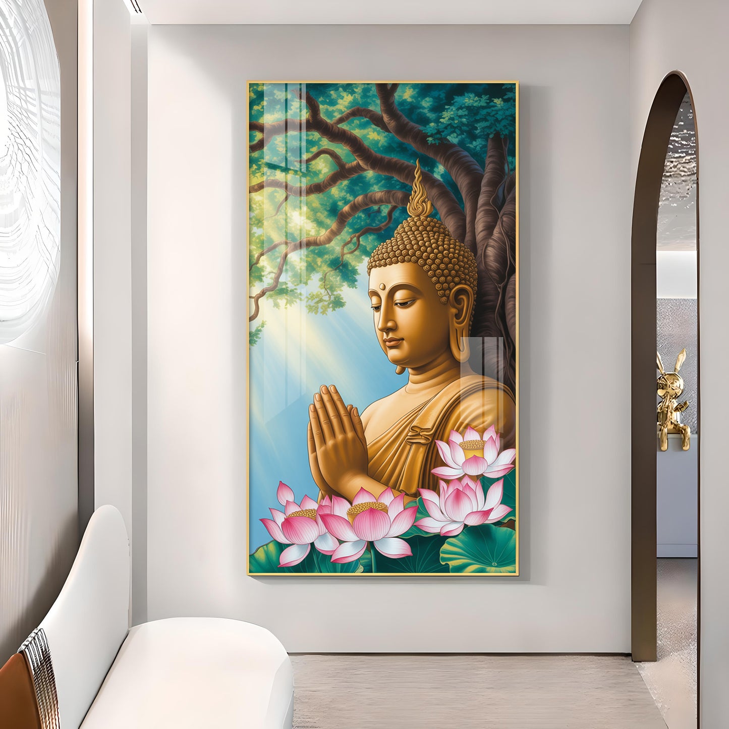 Religious Buddha Glass Finish Vertical Wall Art