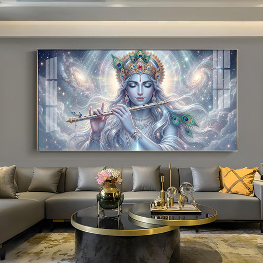 Lord Krishna Eternal Devotion Glass Finish Horizontal Wall Art