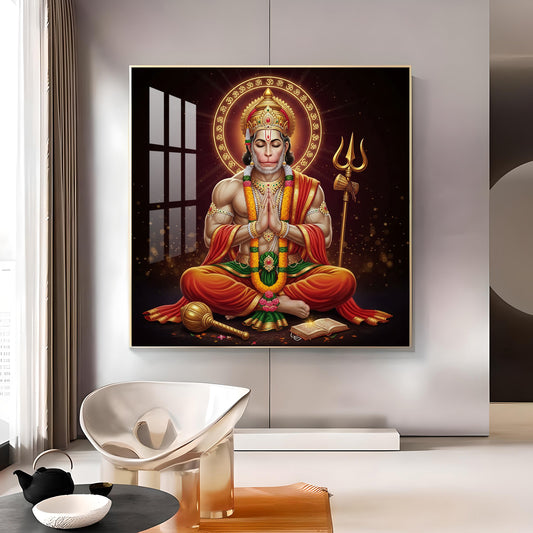 Veer Hanuman Ji Glass Finish Square Wall Art