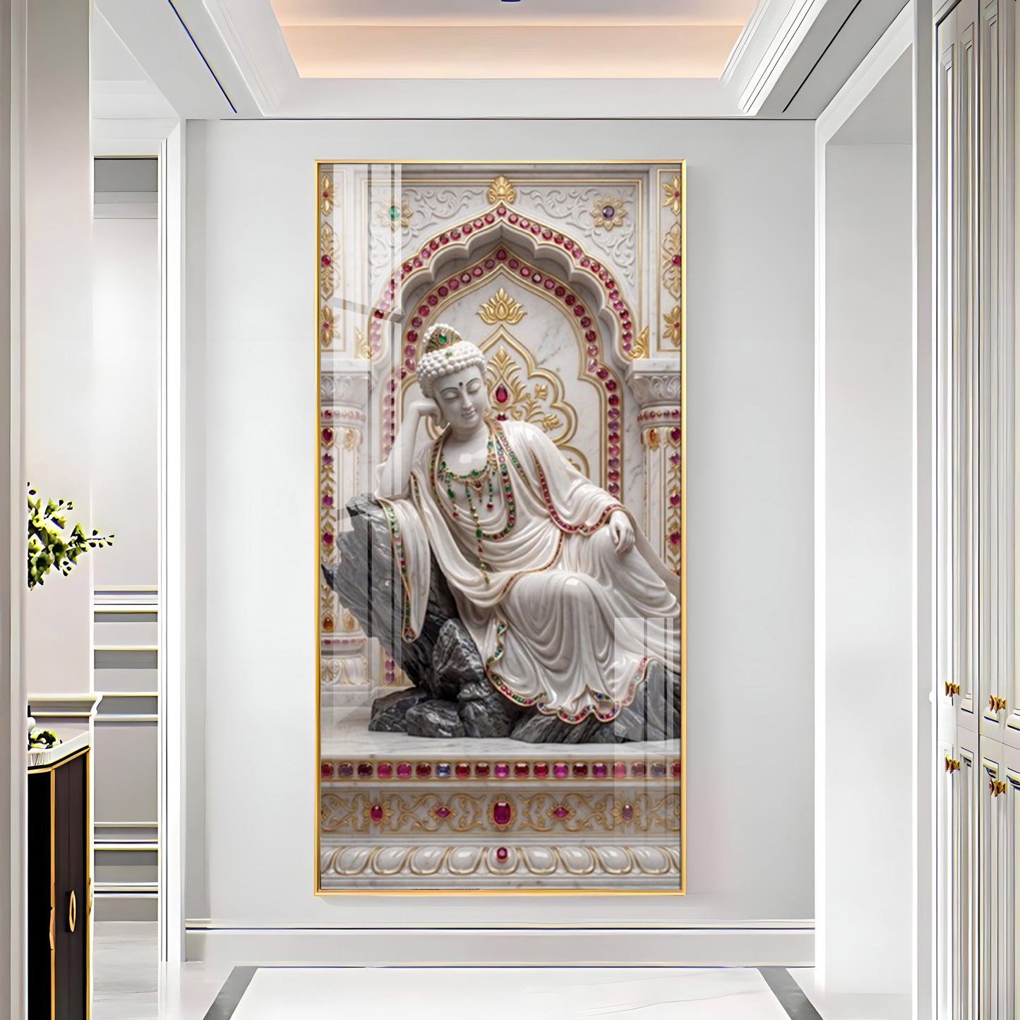 Elegant Buddha Glass Finish Vertical Wall Art