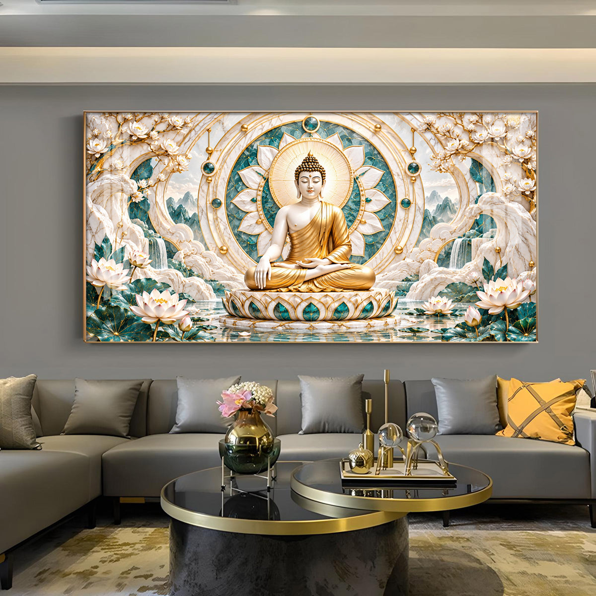 Lord Buddha Emerald Glass Finish Horizontal Wall Art