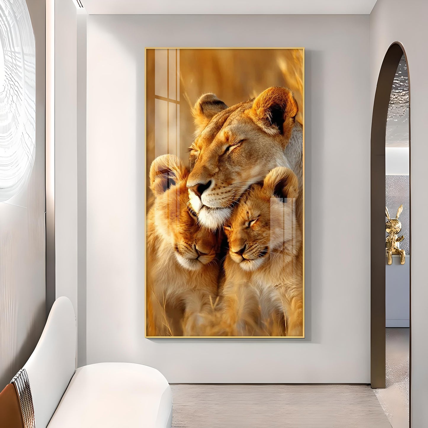 Lioness Cub Cuddling Glass Finish Vertical Wall Art