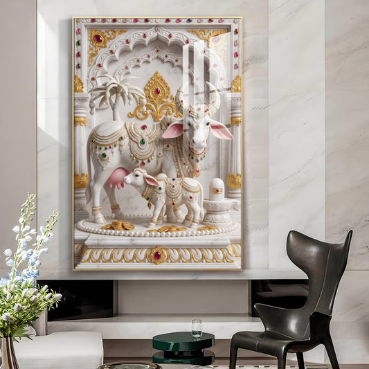 Kamdhenu Cow Calf Glass Finish Vertical Wall Art
