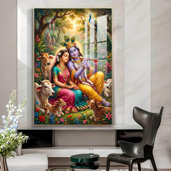 Generic Radha Krishna Glass Finish Vertical Wall Art