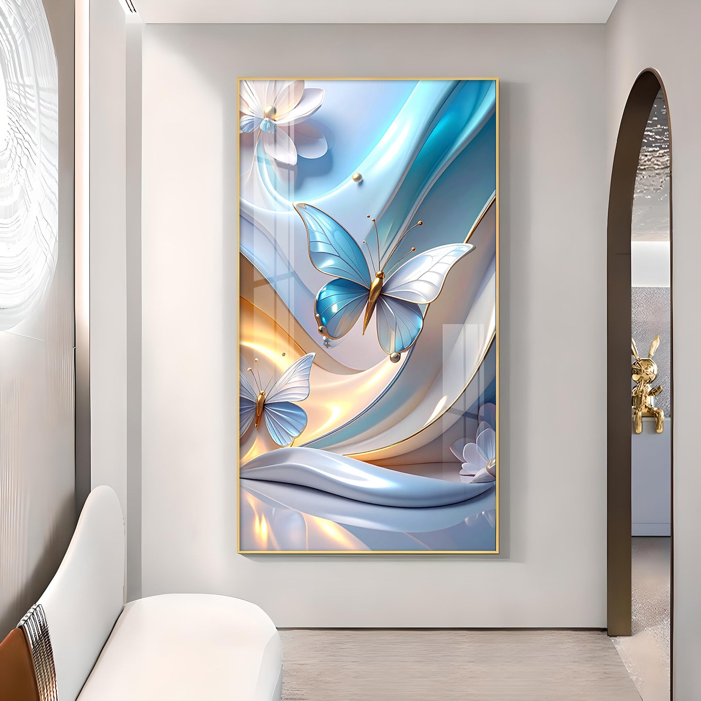 Enchanted Blue Flutter Glass Finish Vertical Wall Art