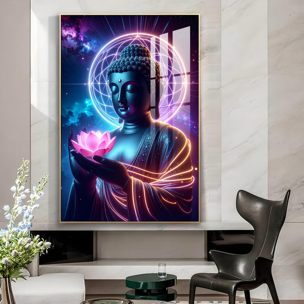 Divine Blessings Of Buddha Glass Finish Vertical Wall Art