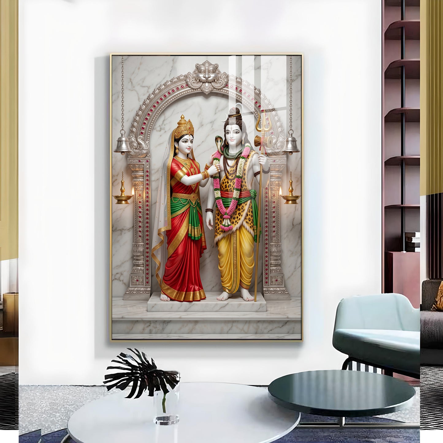 Lord Shiva & Goddess Parvati Glass Finish Vertical Wall Art