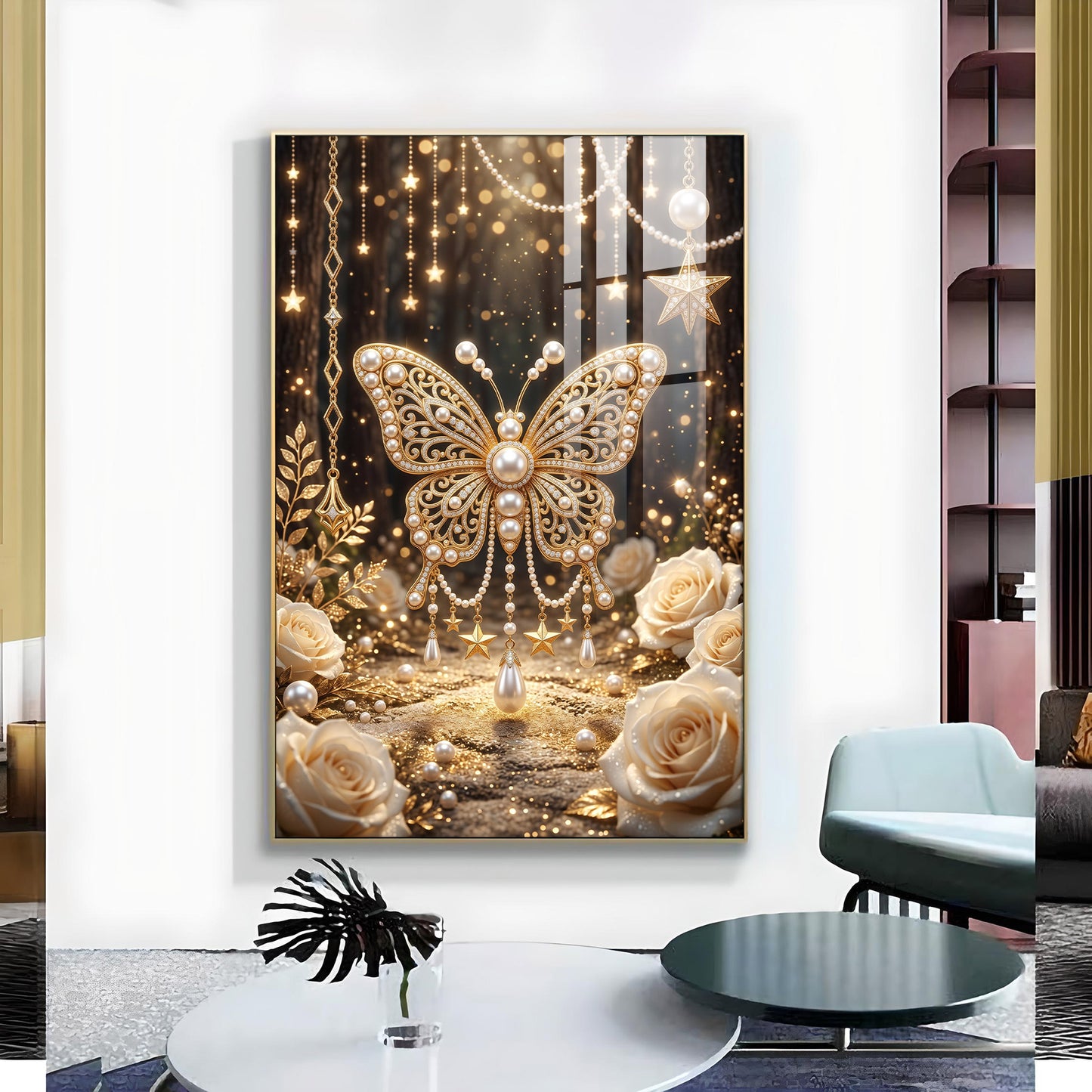 Golden Butterfly Embellished With Pearls Glass Finish Vertical Wall Art