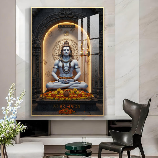 Lord Shiva In A Meditative Pose Glass Finish Vertical Wall Art