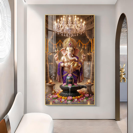 Lord Ganesh With Lord Shiv Glass Finish Vertical Wall Art