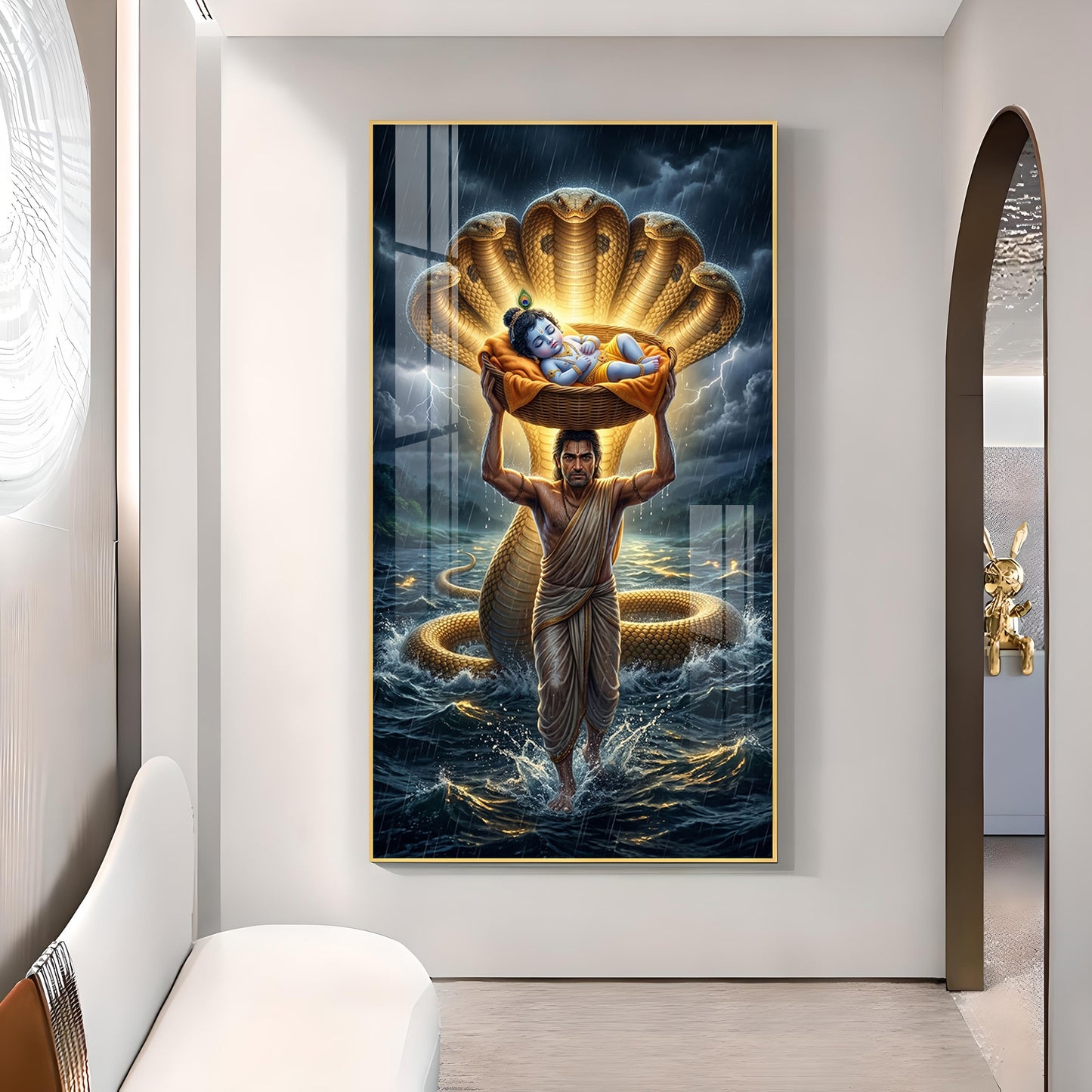 Lord Krishna with Vasudeva Glass Finish Vertical Wall Art