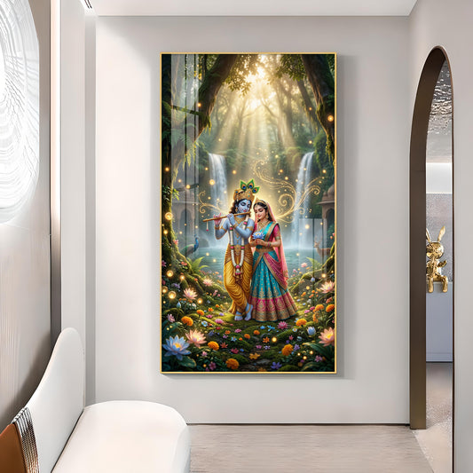 Beautiful Radha Krishna Divine Love Glass Finish Vertical Wall Art
