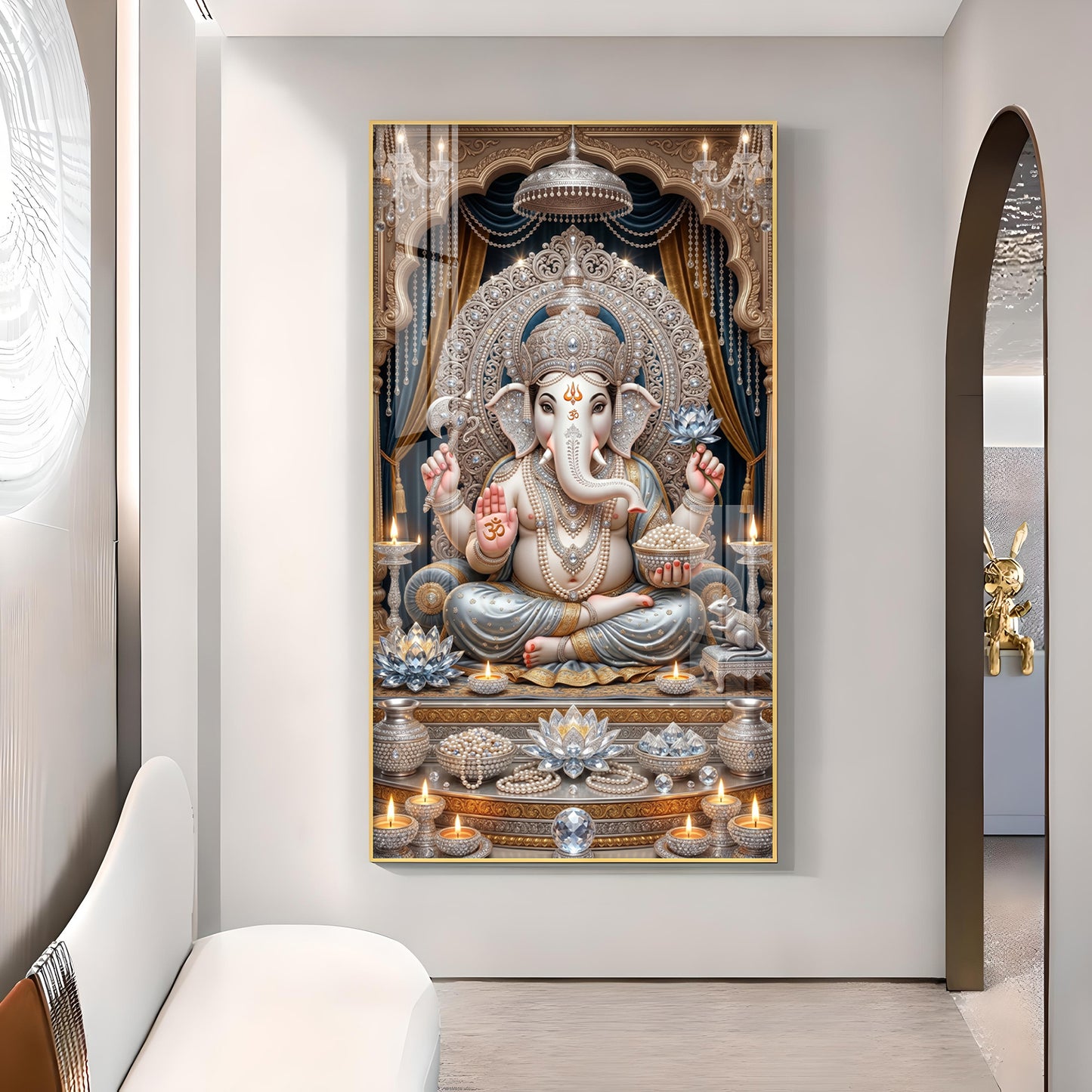 Depicts Lord Ganesha Glass Finish Vertical Wall Art