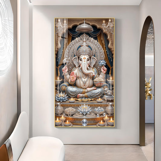 Depicts Lord Ganesha Glass Finish Vertical Wall Art