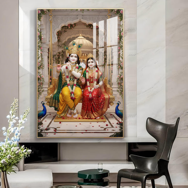 Hindu Deities Radha & Krishna Sitting Together Glass Finish Vertical Wall Art