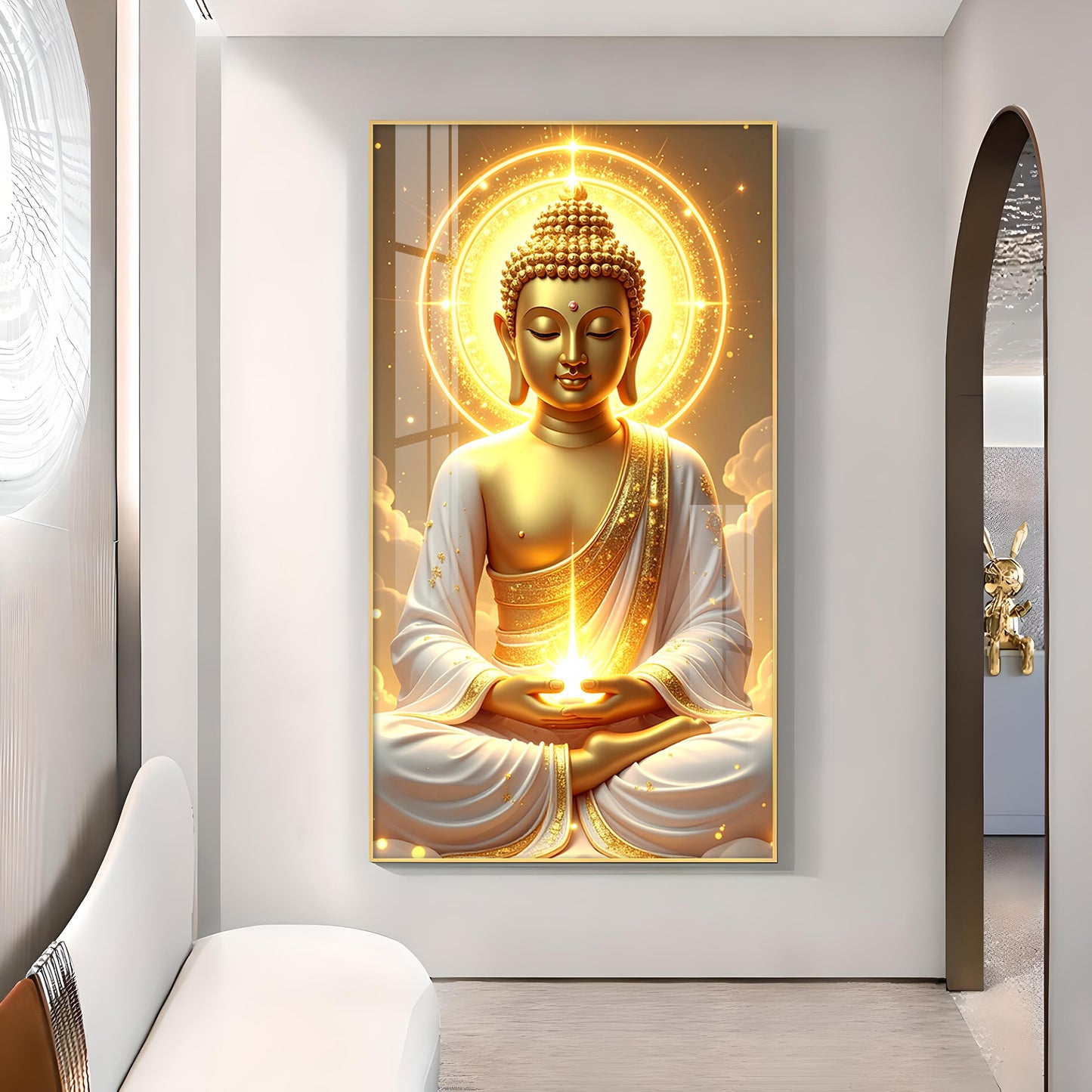 Buddha's Golden Horizon Glass Finish Vertical Wall Art