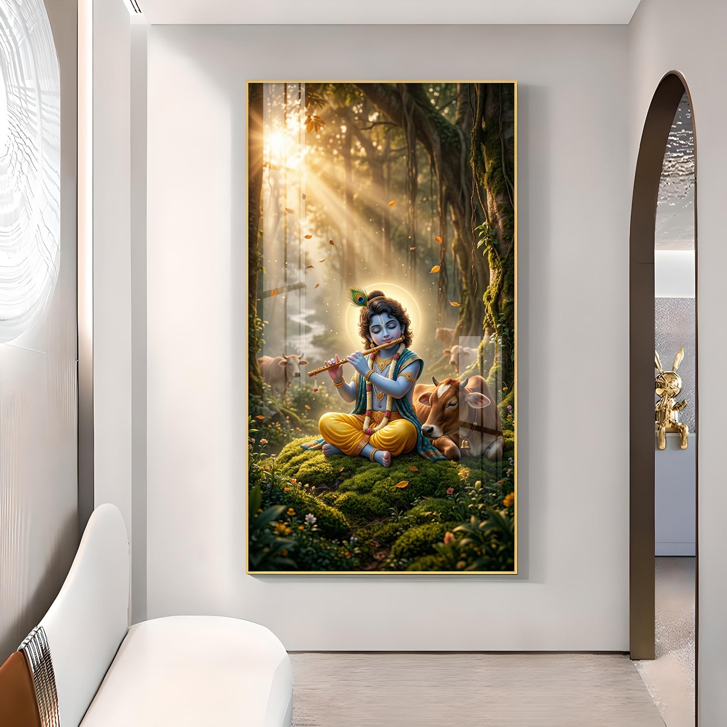 Lord Krishna Playing Flute In Garden Glass Finish Vertical Wall Art