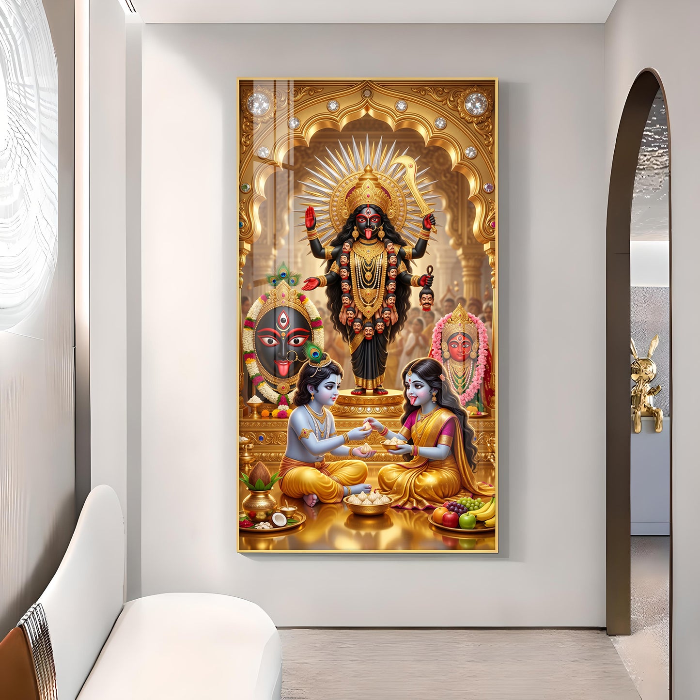 Maa Kali, Lord Krishna & Radha Glass Finish Vertical Wall Art