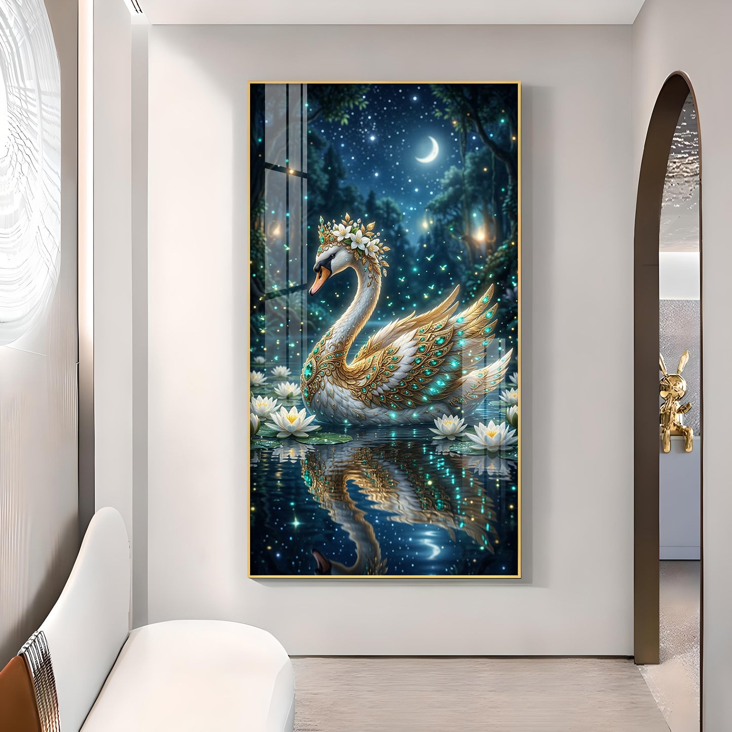 Calm Night Magical Swan Glass Finish Vertical Wall Art
