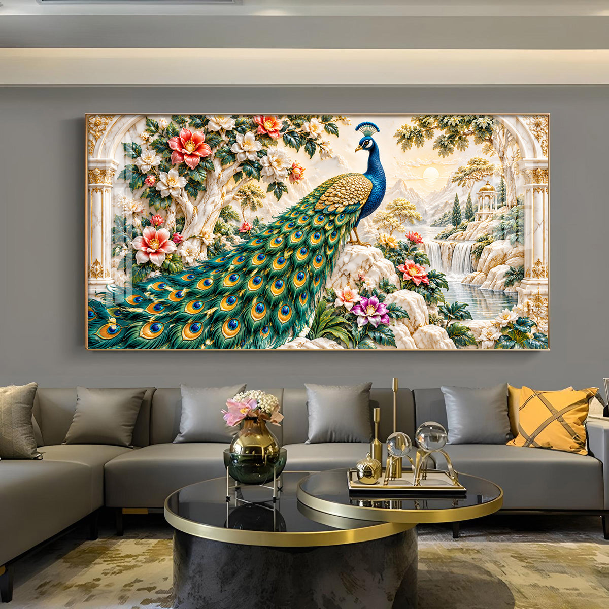 Majestic Peacock Glass Finish Horizontal Wall Art
