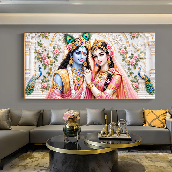 Couple Radha Krishna Glass Finish Horizontal Wall Art