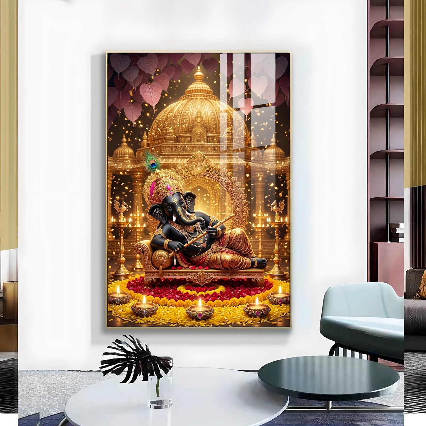 Lord Ganesha Holding A Flute Glass Finish Vertical Wall Art