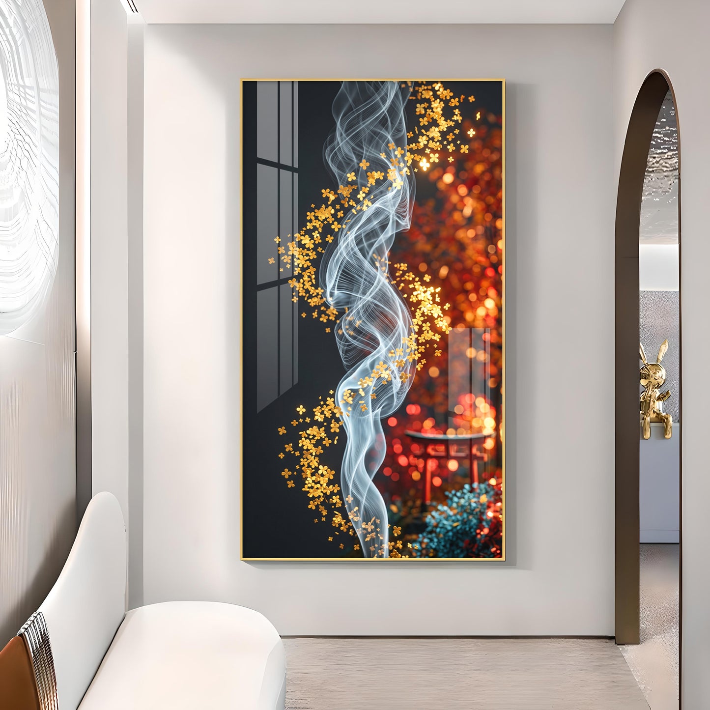 Whispers of Golden Bloom Glass Finish Vertical Wall Art