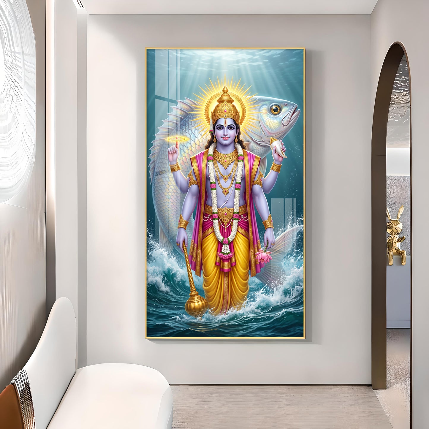 Lord Vishnu With Matsya Avatar Glass Finish Vertical Wall Art