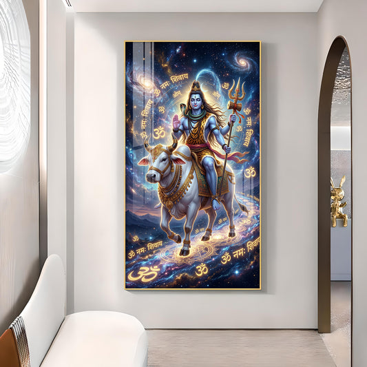 Lord Shiva With Nandi Glass Finish Vertical Wall Art