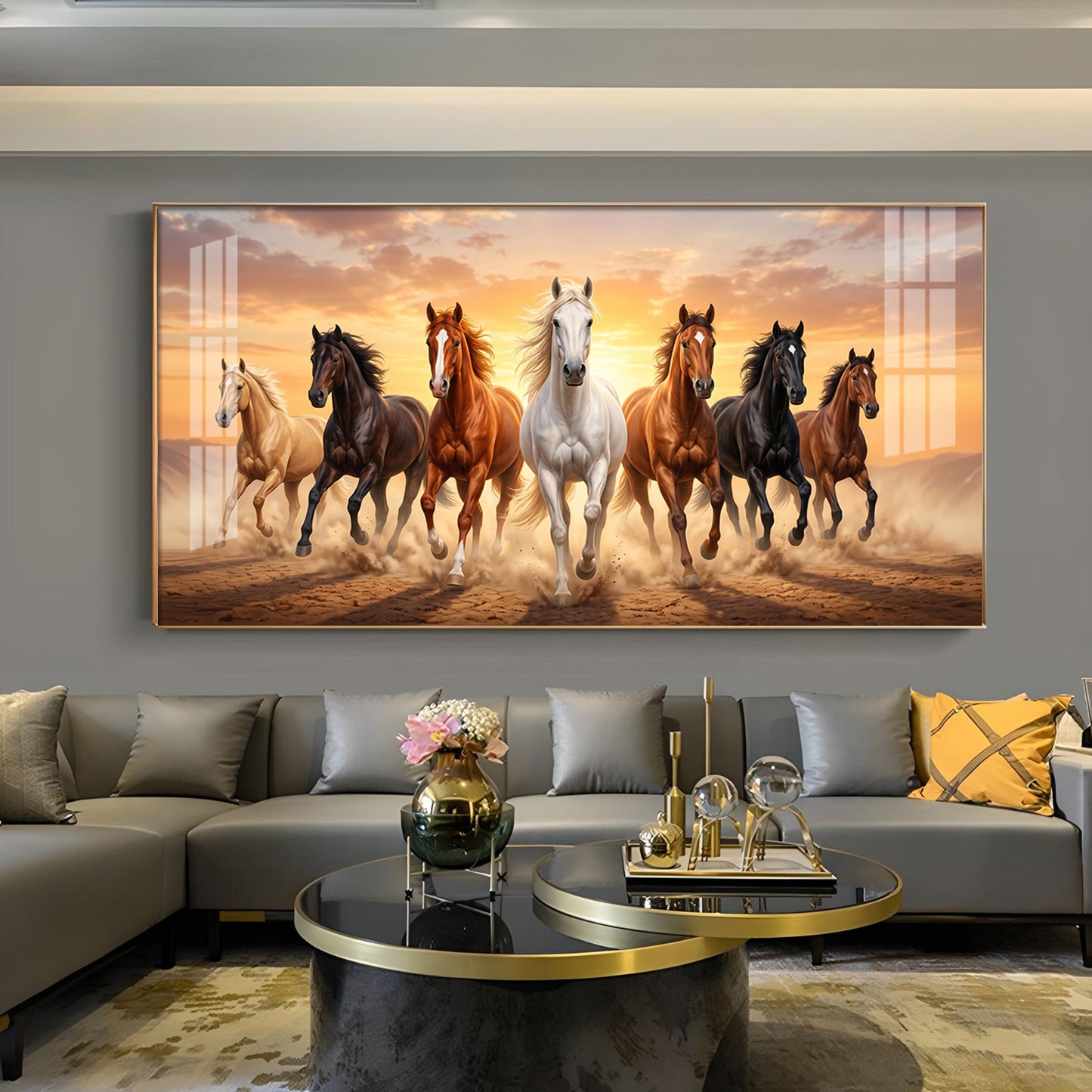 Seven Running Horse Vastu Glass Finish Horizontal Wall Art